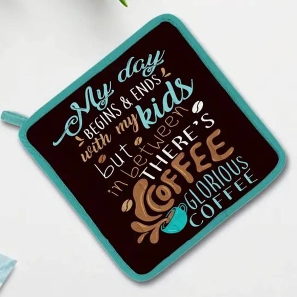 Kids and Coffee Oven Mitt And Pot Holder Set Mom needs coffee blue teal - Picture 2 of 3